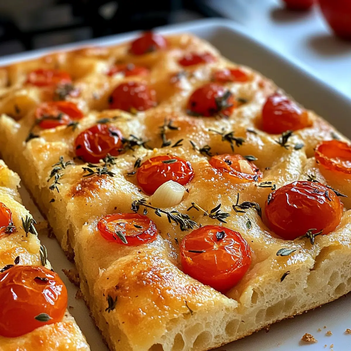 Focaccia mit Tomaten, Knoblauch & Thymian