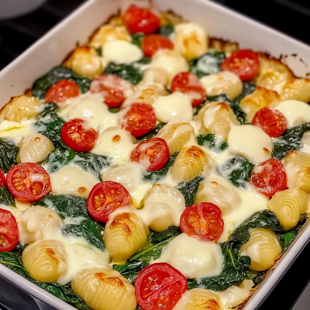Gnocchi casserole with spinach, tomato & mozzarella