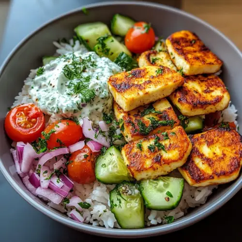 Halloumi-Schüssel mit Reis und Tzatziki