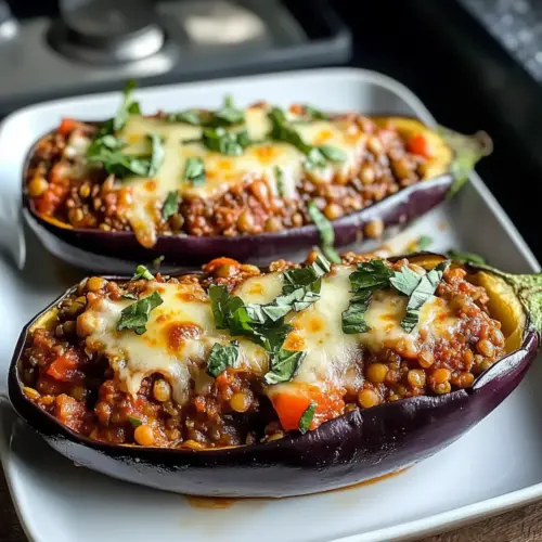 Mit Linsen-Bolognese gefüllte Aubergine